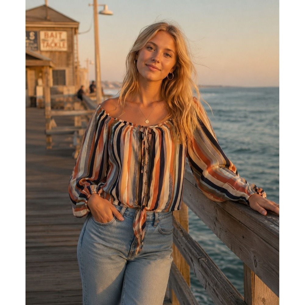 Rewind Womens Multi Color Striped Off Shoulder Tie Front Crop Top Size M